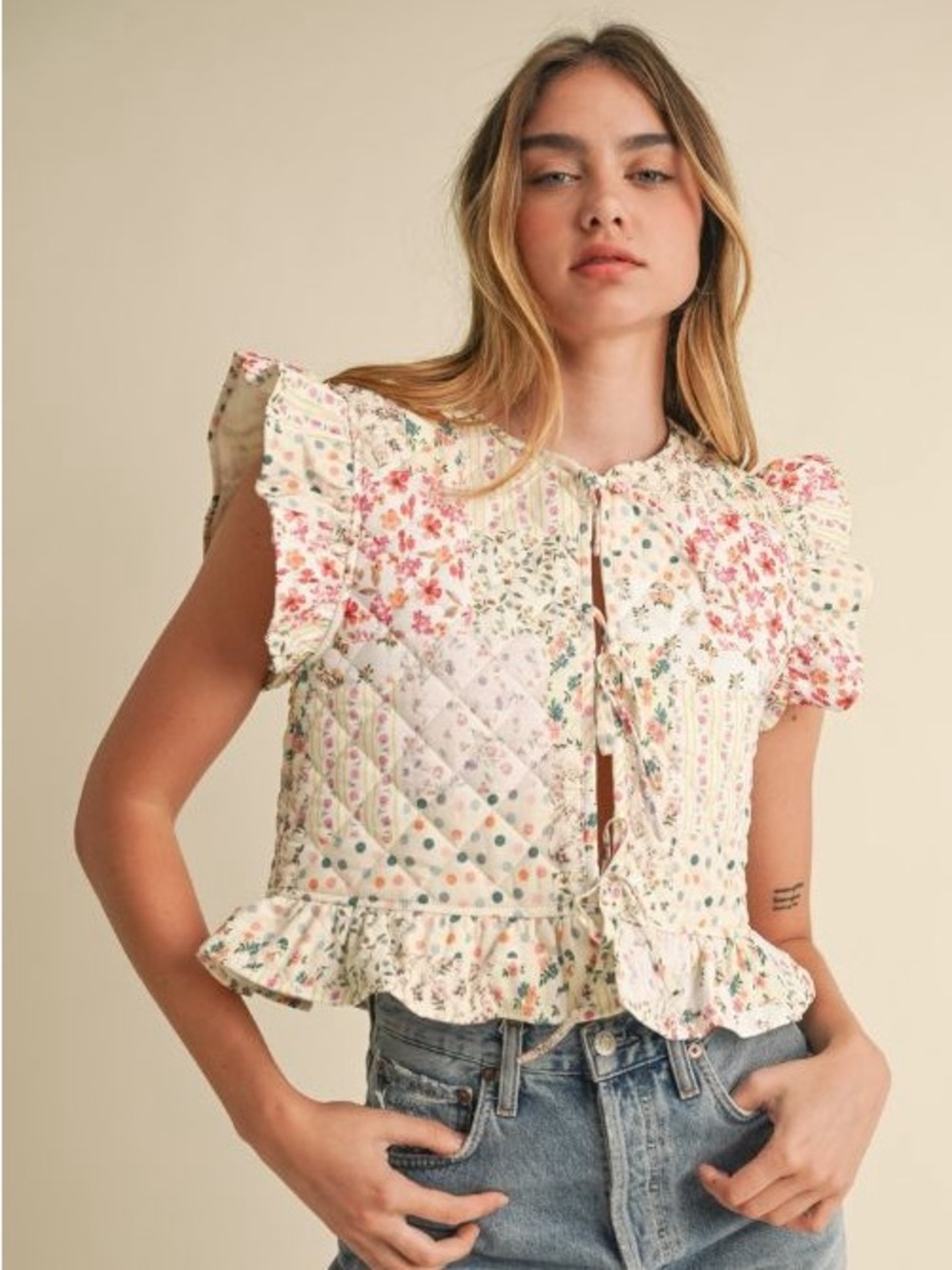 Mure + Grand Lyla Multi Patchwork Tie Front Vest
